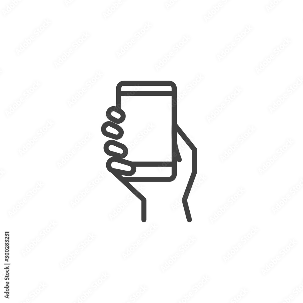 Poster hand with smartphone line icon. linear style sign for mobile concept and web design. using mobile ga