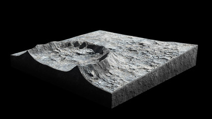 cross section of a crater on the surface of the Moon, terrain model isolated on black background