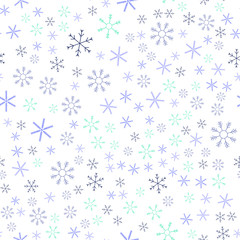 Snowflakes in different shapes and forms. Merry Christmas and New Year seamless vector pattern. Colorful background for Xmas.