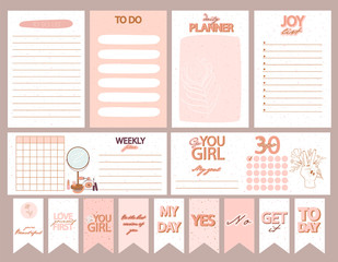 Collection of weekly or daily planner, note paper, to do list, stickers templates decorated by Girl Power concept and beauty cosmetic illustrations and inspirational quote. Vector Illustration.