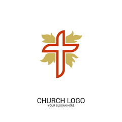 Church logo. Christian symbols. The Cross of the Savior Jesus and the flames of the Holy Spirit