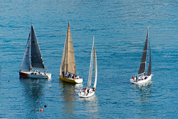 Naklejka na ściany i meble Sailing boats and yachts in Bosporus cup in Istanbul, Turkey