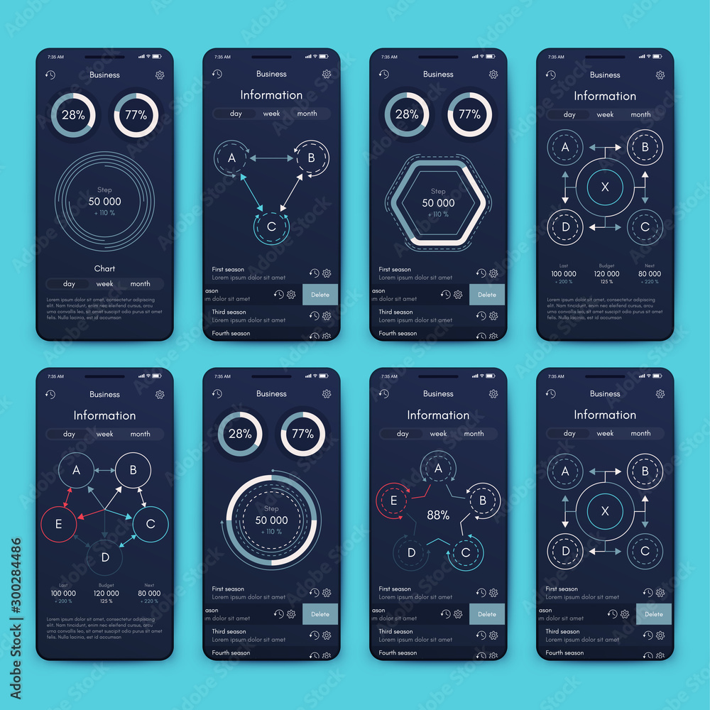 Poster different ui, ux, gui screens and flat web icons for mobile apps