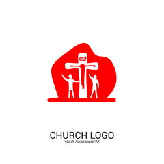 Fototapeta premium Church logo. Christian symbols. People at the cross of Jesus.