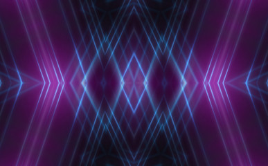 Dark abstract futuristic background. Neon lines glow. Neon lines, shapes. Multi-colored glow, blurry lights, bokeh. Empty stage background