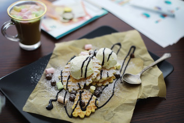 Viennese waffles with filling. Coffee table. A set of fragrant cookies for breakfast for the holiday.