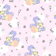 Cute hand drawn unicorn vector pattern with balloons and heart. Vector illustration design for fabrics, wallpapers and cover. Seamless pastel unicorns.