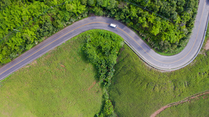 Aerial view of Rural road in countryside area, view from drone
