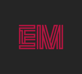 Initial two letter red line shape logo on black vector EM