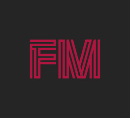 Initial two letter red line shape logo on black vector FM