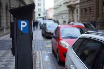 Automatic car parking pay station in the middle of city centre street