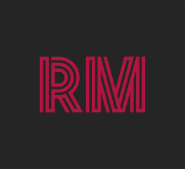 Initial two letter red line shape logo on black vector RM