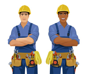 Set of European and African workers with tools. Cartoon smiling workmen, builder, repairmen, foremen wearing safety helmet, coveralls and toolbelt. Vector illustration isolated on the white background - 300285452