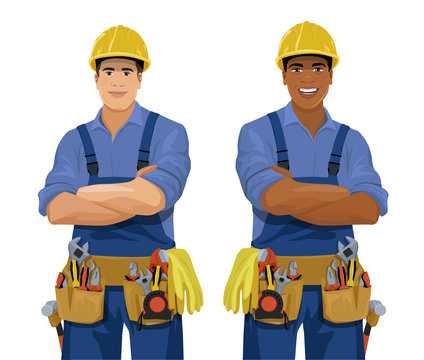 Set of European and African workers with tools. Cartoon smiling workmen, builder, repairmen, foremen wearing safety helmet, coveralls and toolbelt. Vector illustration isolated on the white background