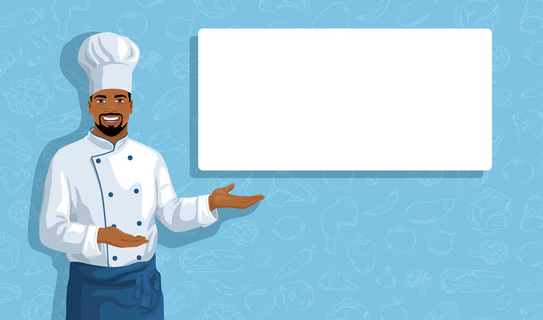 Horizontal background with African American chef showing by hand to copy space. Yong smiling handsome cook man points to white banner for your text. Flyer design template. Vector illustration.