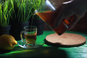 Brewing tea on a wooden table