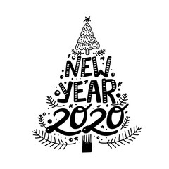 Happy New Year 2020 calligraphy phrase in the shape of Christmas tree. Decoration doodle elements. Creative typography for holiday greeting poster, sticker, card, banner etc. Vector illustration.