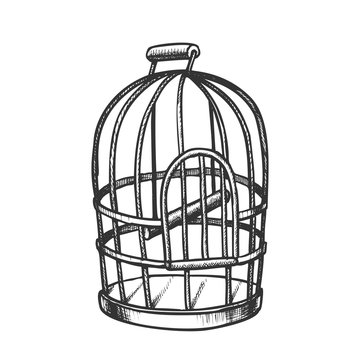 Birdcage For Domestic Parrot Monochrome Vector. Metallic Birdcage For Canary. Pet Shop Accessory Metal Bird Cell Engraving Template Hand Drawn In Vintage Style Black And White Illustration