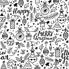 Merry Christmas seamless pattern with calligraphy phrase, Christmas ball, tree, gift, holly leaves and doodle elements. Texture for textile, postcard, wrapping paper, packaging etc. Vector.
