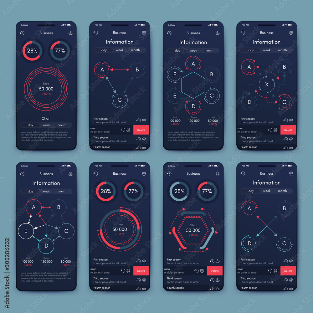 Poster different ui, ux, gui screens and flat web icons for mobile apps