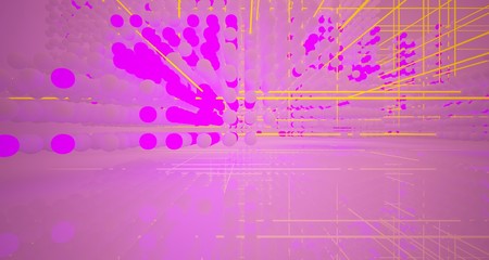 Abstract architectural smooth white interior  from an array of white spheres with with color gradient neon lighting. 3D illustration and rendering.