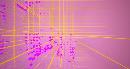 Abstract architectural smooth white interior  from an array of white spheres with with color gradient neon lighting. 3D illustration and rendering.