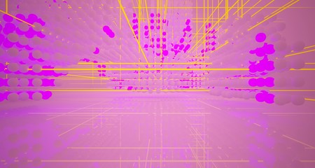 Abstract architectural smooth white interior  from an array of white spheres with with color gradient neon lighting. 3D illustration and rendering.