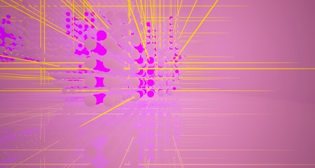 Abstract architectural smooth white interior  from an array of white spheres with with color gradient neon lighting. 3D illustration and rendering.