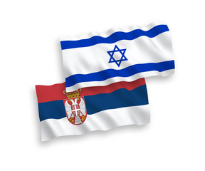 National vector fabric wave flags of Serbia and Israel isolated on white background. 1 to 2 proportion.