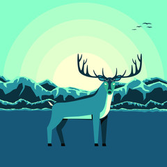 Reindeer on sunset background. Vector illustration in blue tones.