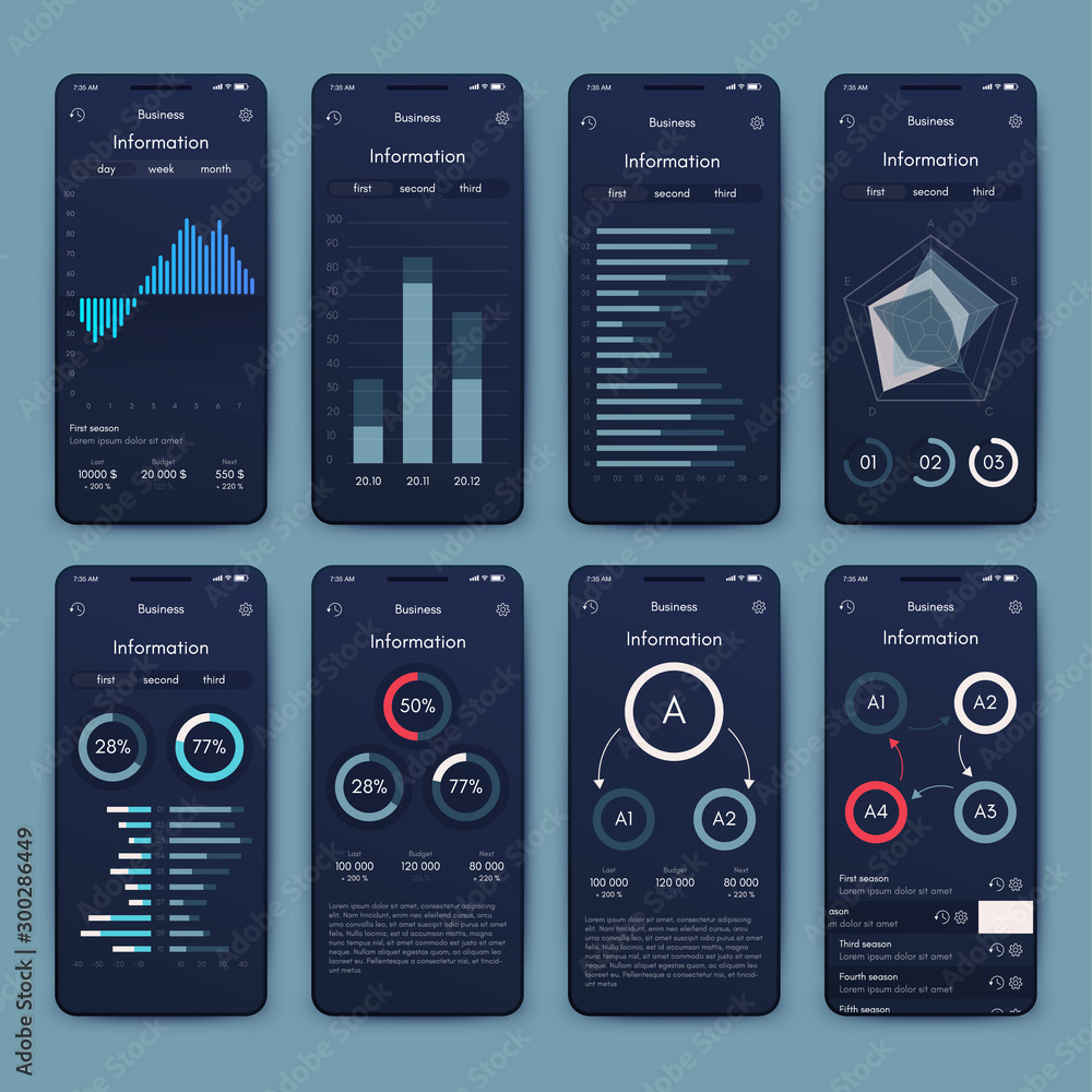 Poster different ui, ux, gui screens and flat web icons for mobile apps