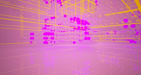Abstract architectural smooth white interior  from an array of white spheres with with color gradient neon lighting. 3D illustration and rendering.