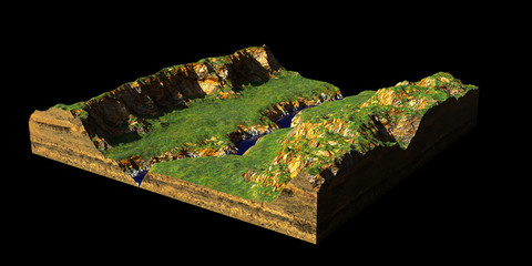 cross section of ground, landscape with hills, river and meadows (3d render, isolated on black background)