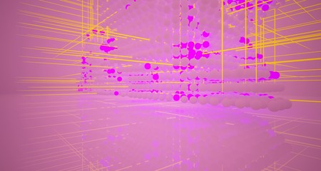 Abstract architectural smooth white interior  from an array of white spheres with with color gradient neon lighting. 3D illustration and rendering.