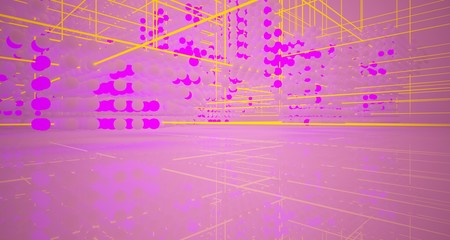 Abstract architectural smooth white interior  from an array of white spheres with with color gradient neon lighting. 3D illustration and rendering.