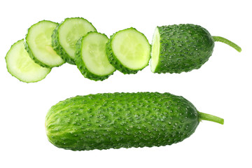 fresh cucumber slices isolated on white background. top view