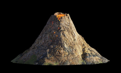 volcanic eruption, lava coming down a volcano, isolated on black background
