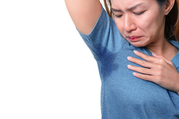 Asian woman with hyperhidrosis sweating under armpit, feel bad with body, odor smell problem,...