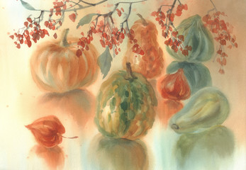 Autumn composition with color pumpkins watercolor. Halloween illustration