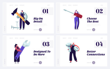 People with Diy Tools for Home or Technics Repair Website Landing Page Set. Architect Building Company Employees, Carpenters or Plumbers Service Web Page Banner. Cartoon Flat Vector Illustration