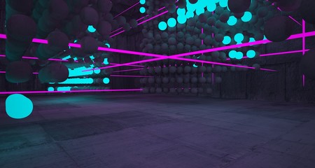 Abstract architectural concrete smooth interior from an array of spheres with color gradient neon lighting. 3D illustration and rendering.