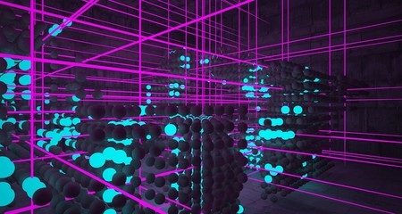 Abstract architectural concrete smooth interior from an array of spheres with color gradient neon lighting. 3D illustration and rendering.