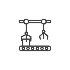 Assembly automatic production line icon. linear style sign for mobile concept and web design. Conveyor belt and Robotic arm outline vector icon. Symbol, logo illustration. Vector graphics