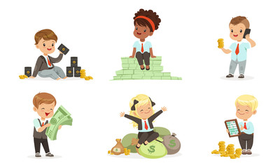 Cute toddlers in suits of businessmen with money and barrels of oil. Set of vector illustrations.