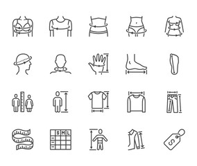 Clothes size flat line icons set. Body measurement waist circumference, hip, chest, sleeve length, height vector illustrations. Outline signs clothing sizes table. Pixel perfect 64x64 Editable Stroke
