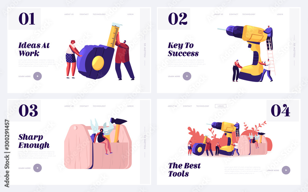 Poster handyman engineering occupation website landing page set. architect or engineer workers characters h