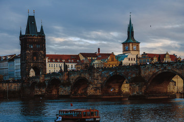 PRAGUE,CZECH REPUBLIC/ 01 November 2019: Charles bridge in Prague. Popular tourist attraction
