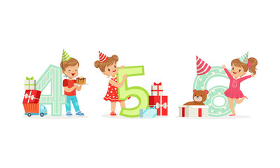Children in party hats are standing next to large numbers. Vector illustration on a white background.