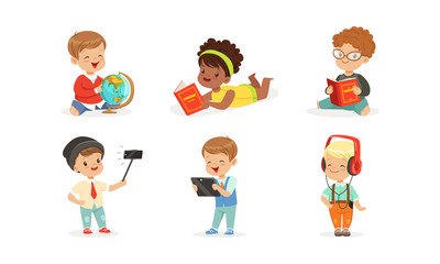 Little children with gadgets and books. Vector illustration on a white background.