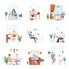 Men and women in a cafe. Vector illustration.